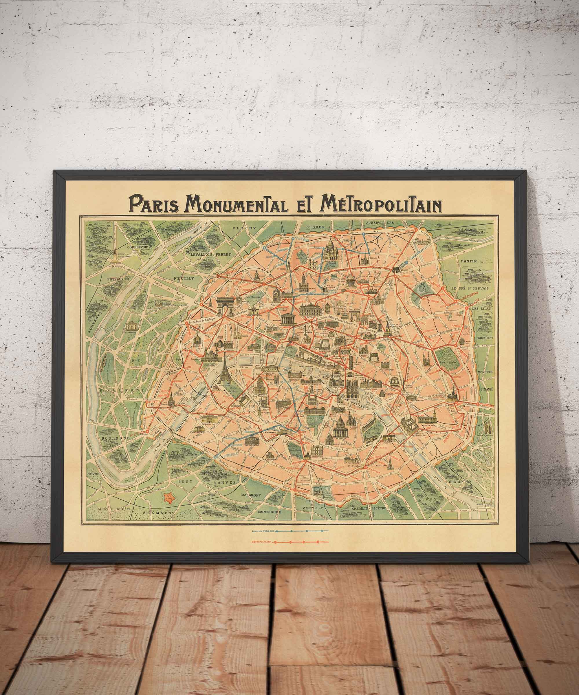 Old Map of Paris Métro & Landmarks, 1920 by Robelin - Eiffel Tower, Louvre, Champs-Elysees, Railway Subway Chart