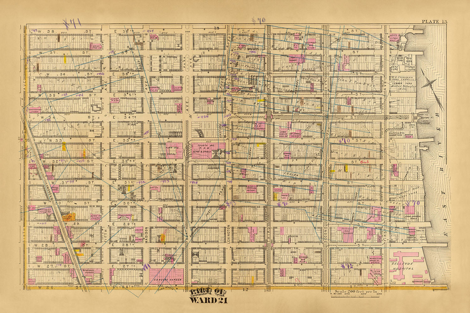 Old Map of Ward 21, NYC by Bromley, 1879: Bellevue Hospital, Concert Garden, and 33rd Street Station.