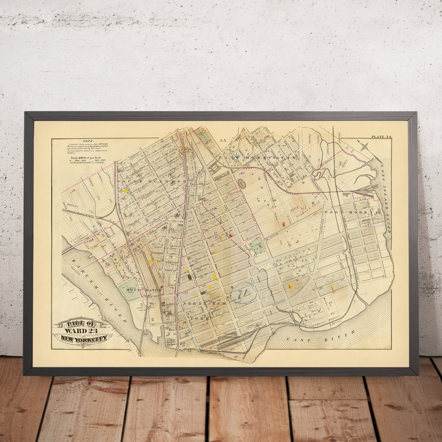 Old Map of the Bronx, NYC by Bromley, 1879: South Melrose, Mott Haven, St. Mary's Park, East River, Railways