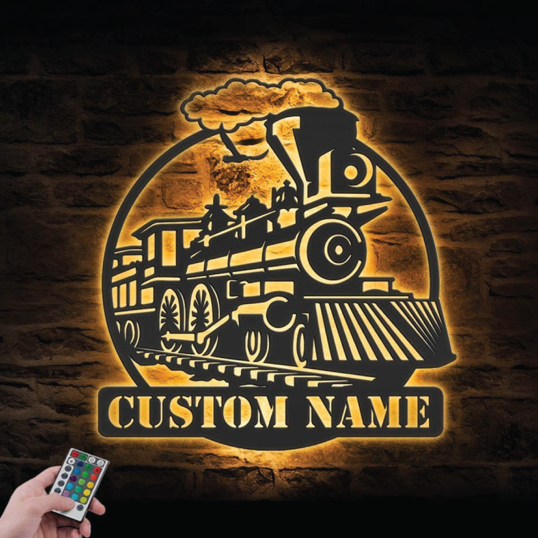 Custom Steam Engine Train Locomotive Metal Wall Art with LED Light Personalized Train Driver Name Sign Home Decoration