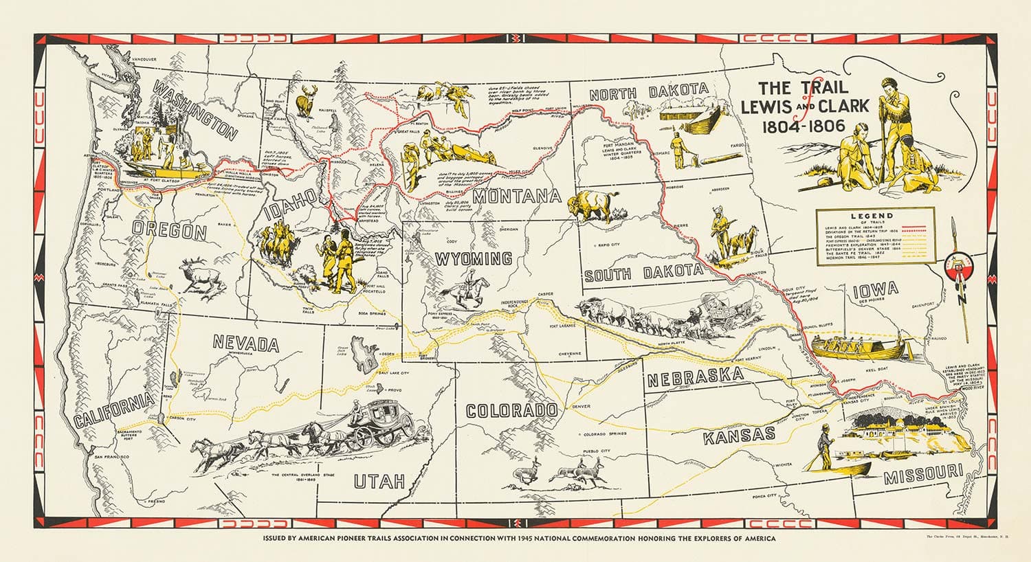 Old Map of Lewis & Clark Expedition - Corps of Discovery, Oregon Trail, Mormons, Pony Express, Louisiana Purchase