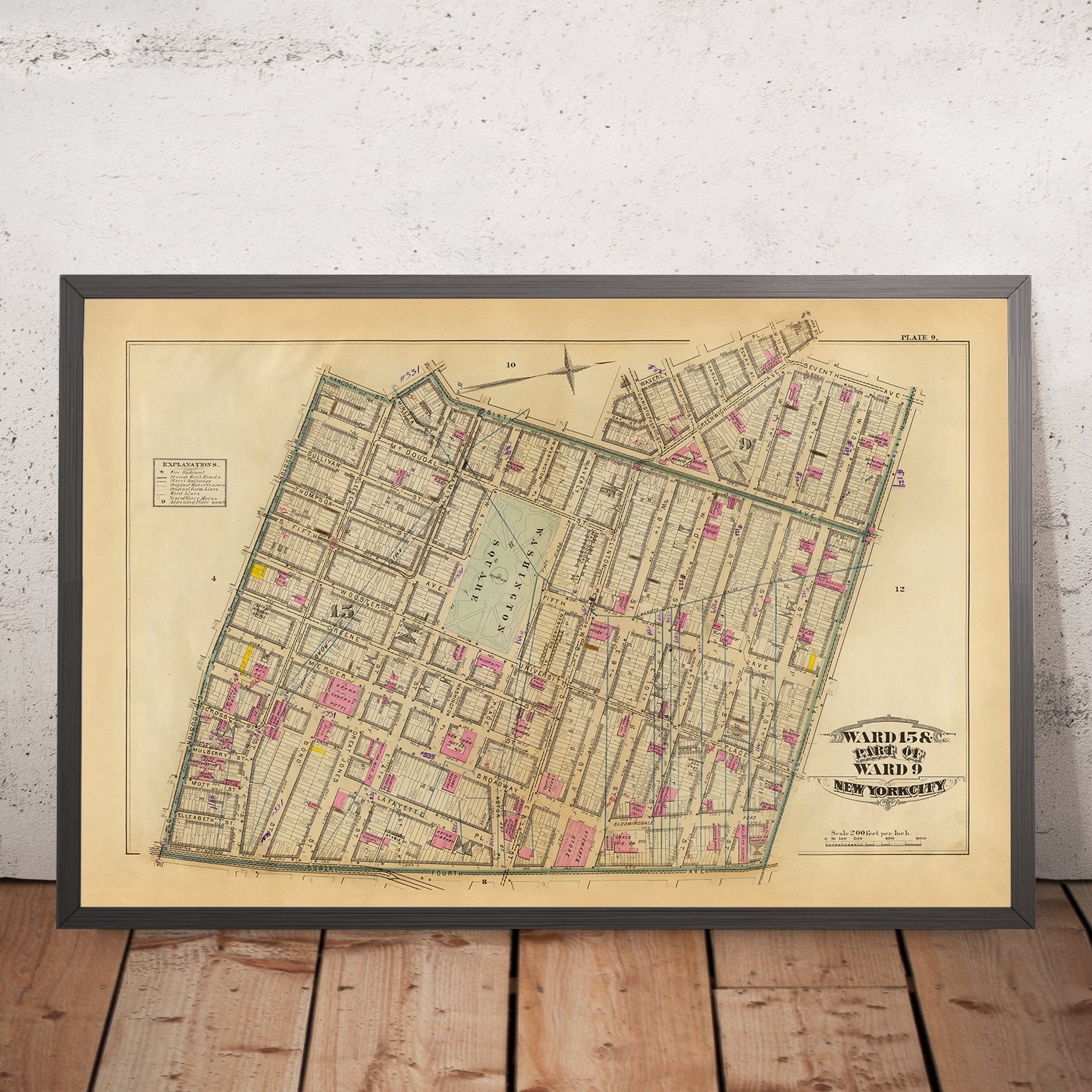 Old Map of Greenwich Village, NYC, 1879: Washington Sq, Jefferson Market, Broadway, Lafayette St, Steam Railways
