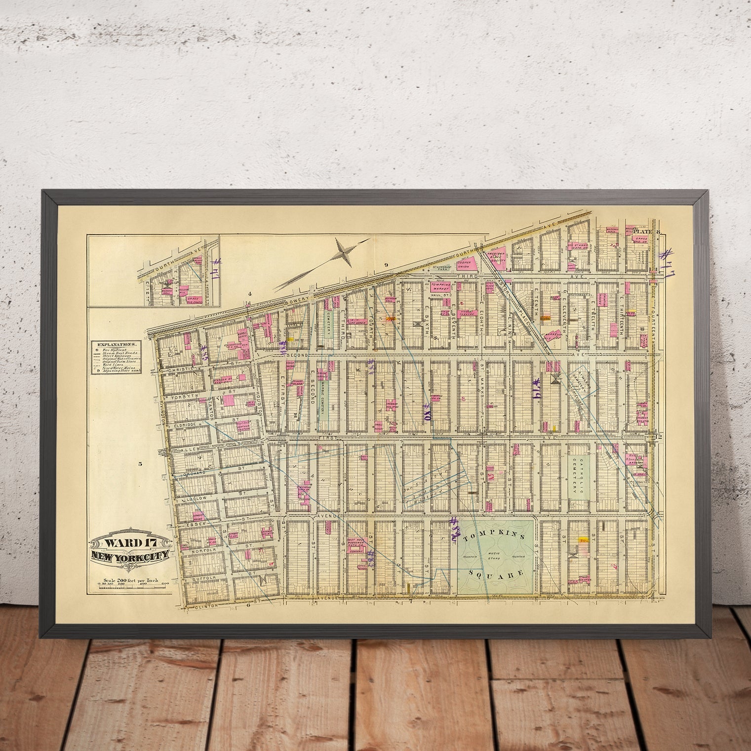 Old Map of East Village, New York City, 1879: Tompkins Square, Stuyvesant Park, Steam Railways.