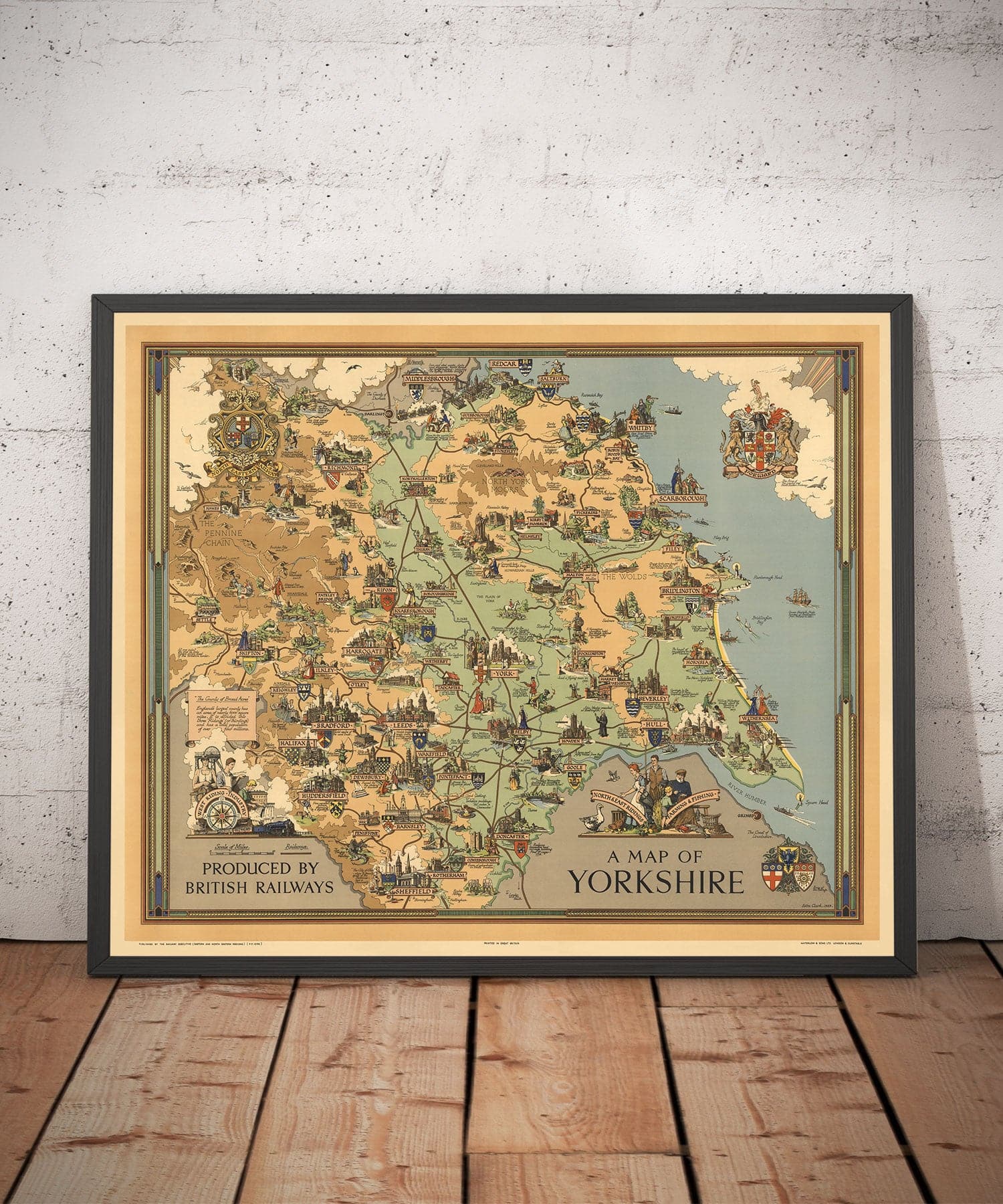 Old Map of Yorkshire, 1949 - British Railway Pictorial Chart - York, Sheffield, Bradford, Leeds, Middlesbrough, Pennines
