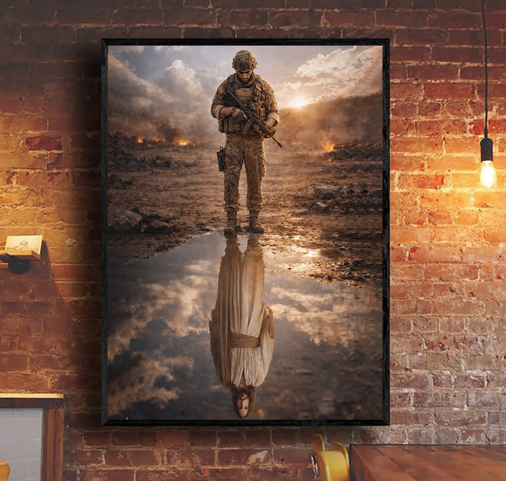 Soldier Reflection Jesus Canvas Soldier Canvas Wall Art, Christian Military Wall Art for Veterans, Faith Home Decor Gift Idea