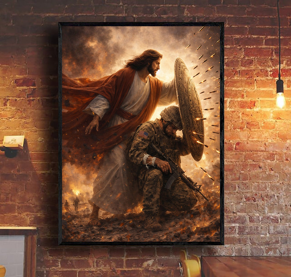 Jesus Protect Soldiers Canvas A Soldier Is Never Alone In Battlefield Canvas Wall Art, Christian Military Wall Art for Veterans, Faith Home Decor Gift