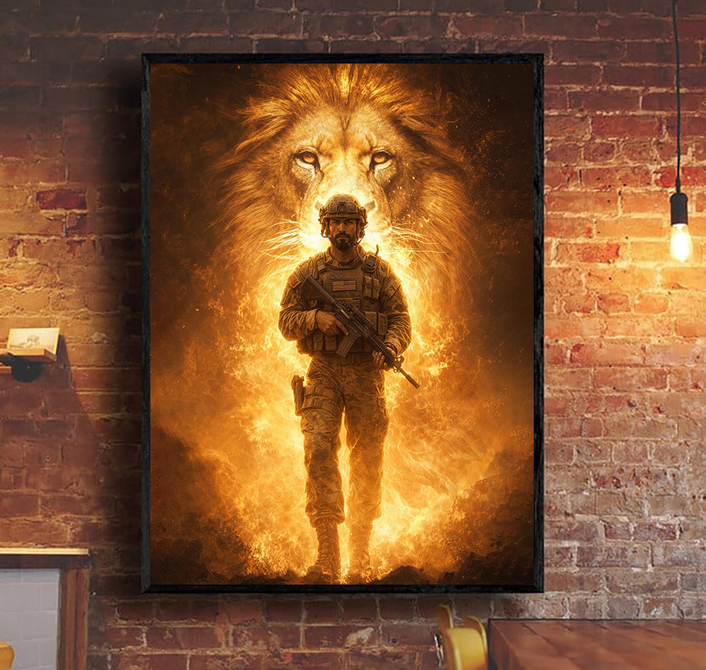 Lion of Judah Behind Soldier Canvas Jesus Canvas Wall Art, Christian Military Wall Art for Veterans, Faith Home Decor Gift