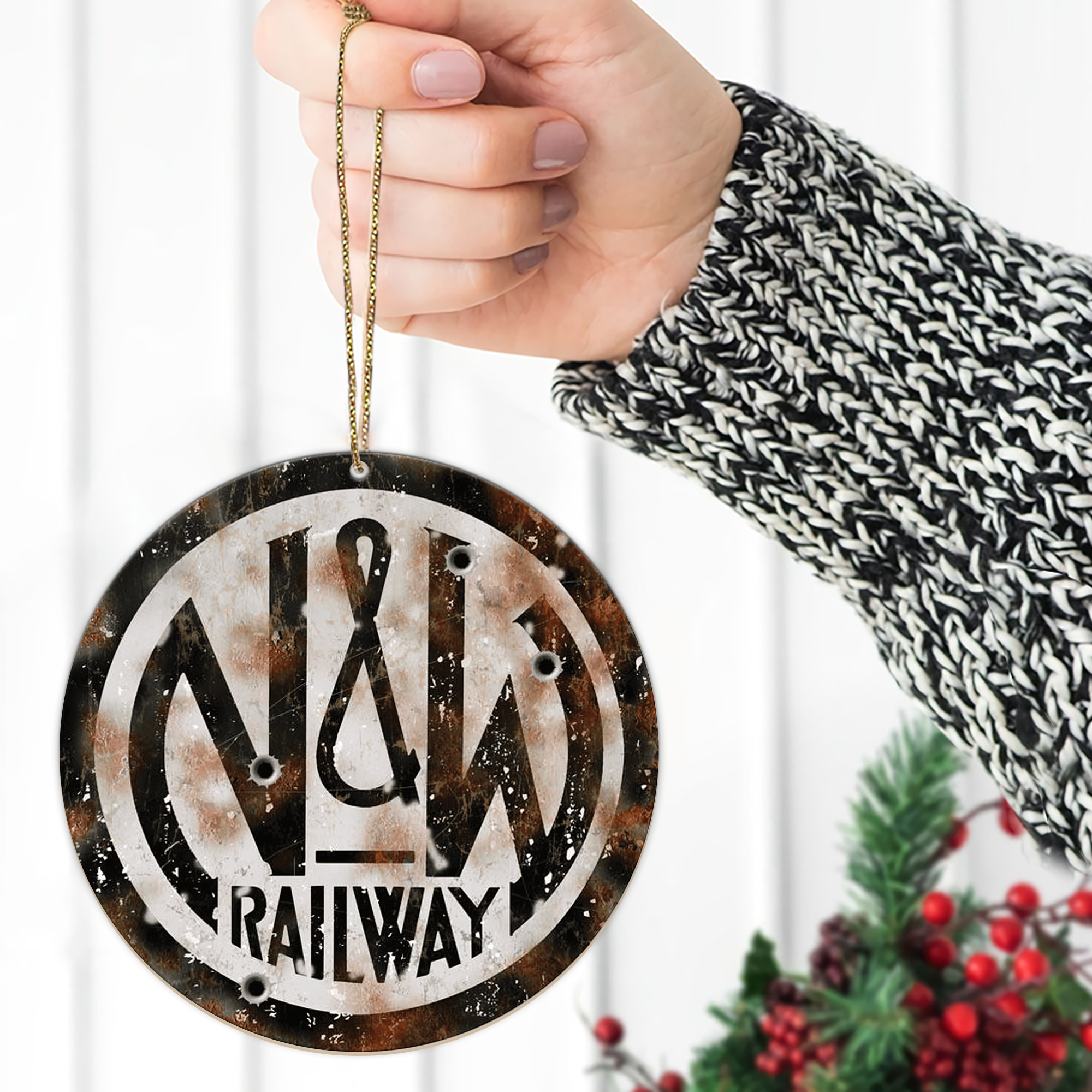 Norfolk and Western Railway Ornament, Vintage Railroad Round Logo Christmas Decoration, Retro Train Lover Gift for Collectors