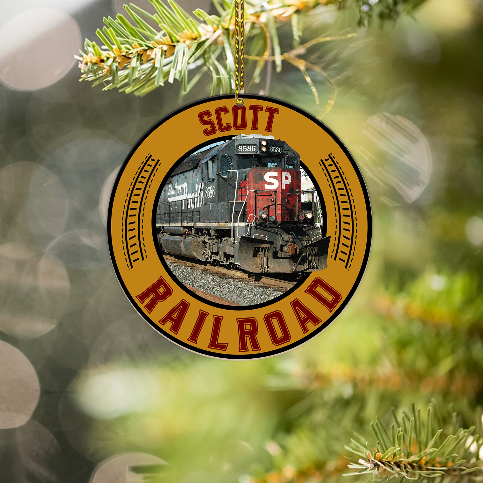 Scott Railroad Ornament, Southern Pacific SP 8586 Locomotive Train Logo Round Christmas Decoration for Railway Fans