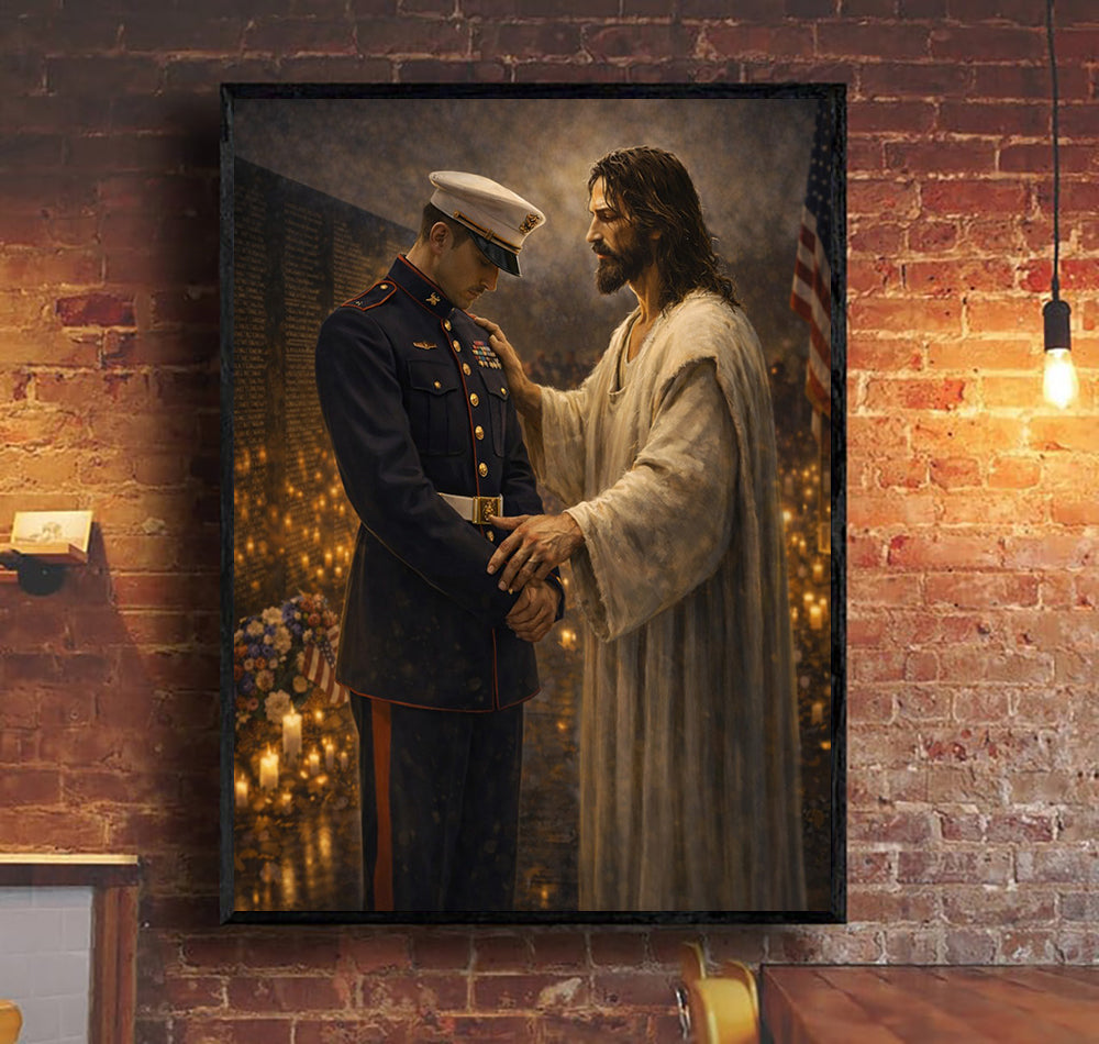 Soldier and Jesus Canvas Wall Art, Patriotic Military Decor, Courage Strength Warrior Print, Veteran Canvas Gift, Home Artwork Decor