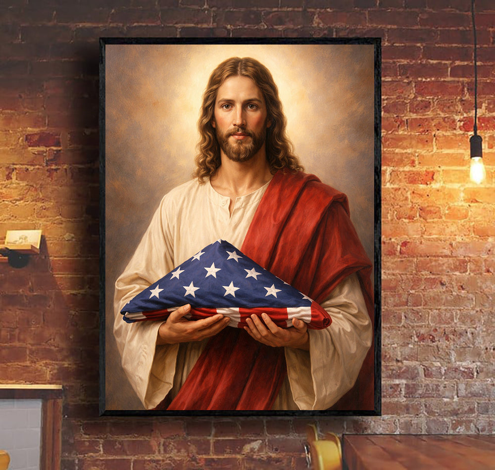 Jesus Holding US Folded Flag Canvas Wall Art, Christian Military Canvas for Veterans & Faith Home Decor Gift For Veteran