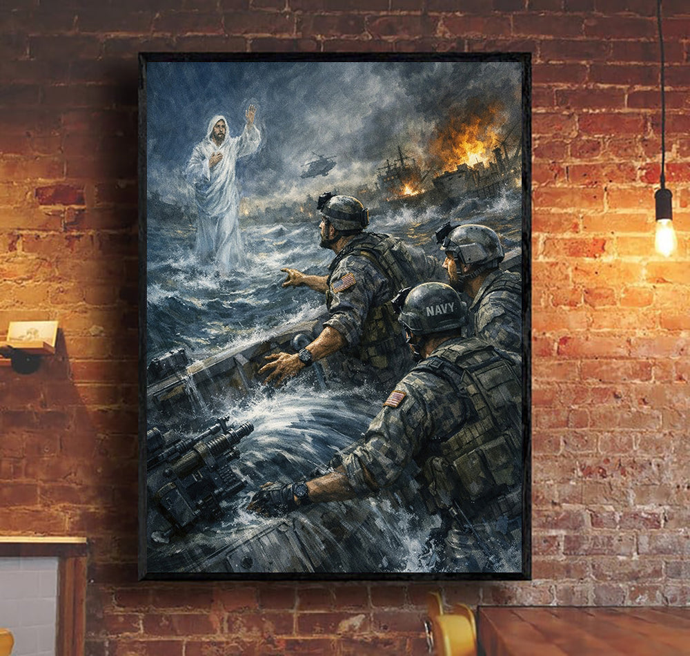 Faith in the Storm Canvas Jesus With Soldier Canvas Wall Art, Christian Military Wall Art for Veterans, Faith Home Decor Gift Idea
