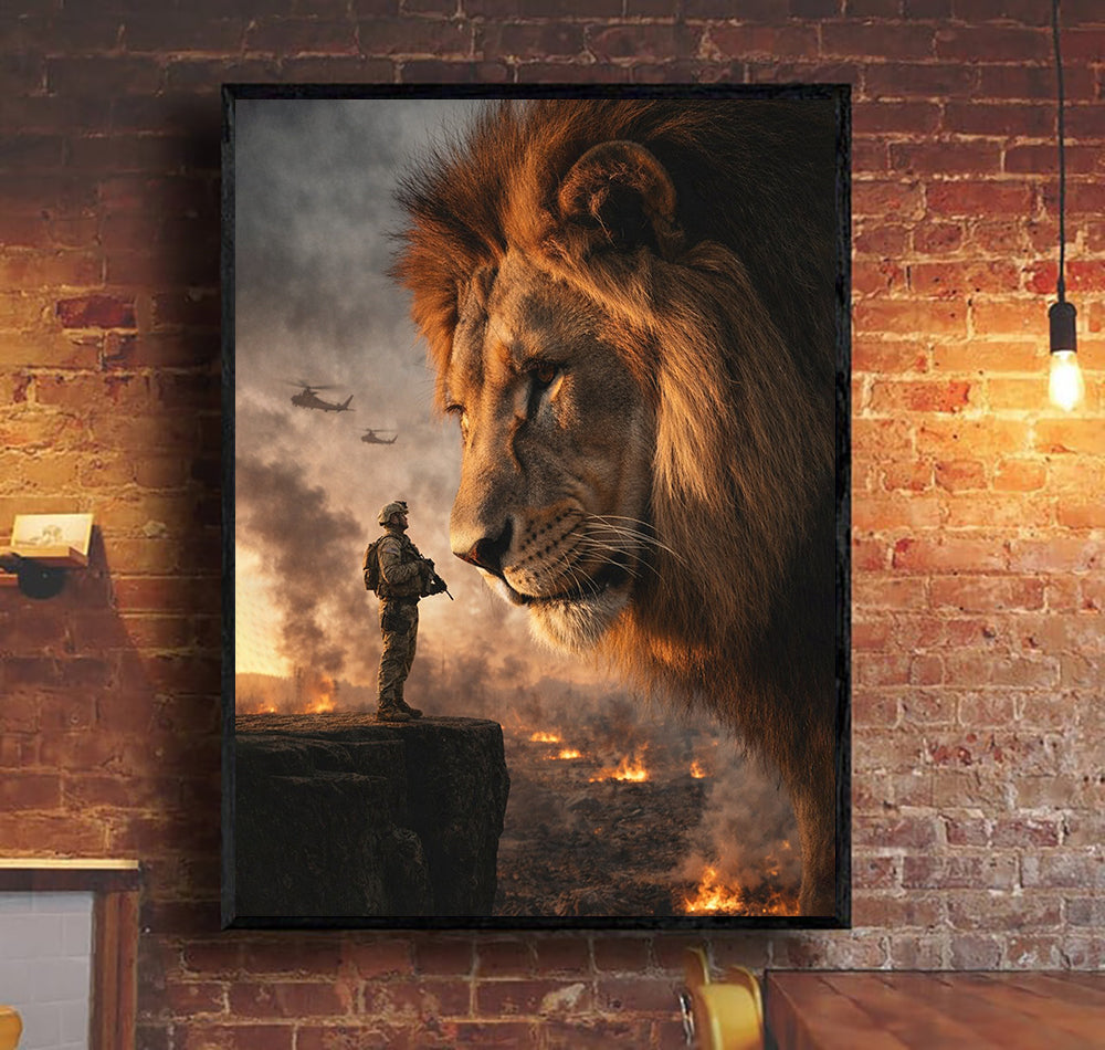 Soldier Stand In Front Of Lion of Judah Canvas Jesus Canvas Wall Art, Christian Military Wall Art for Veterans, Faith Home Decor Gift Idea