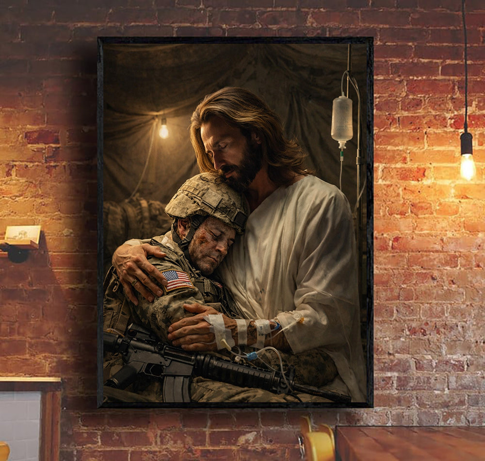 Jesus Holding a Soldier Canvas Wall Art, Christian Military Wall Art for Veterans, Faith Home Decor Gift