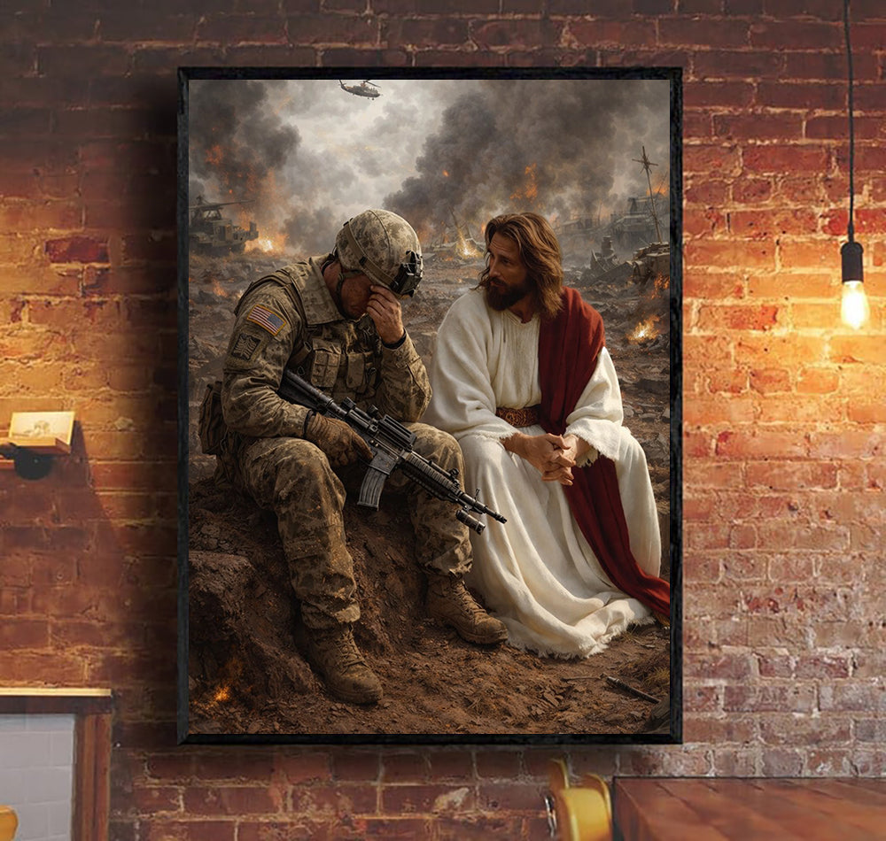 Jesus Beside Soldier Canvas Wall Art, Patriotic Military Decor, Courage Strength Warrior Print, Veteran Canvas Gift, Home Artwork Decor