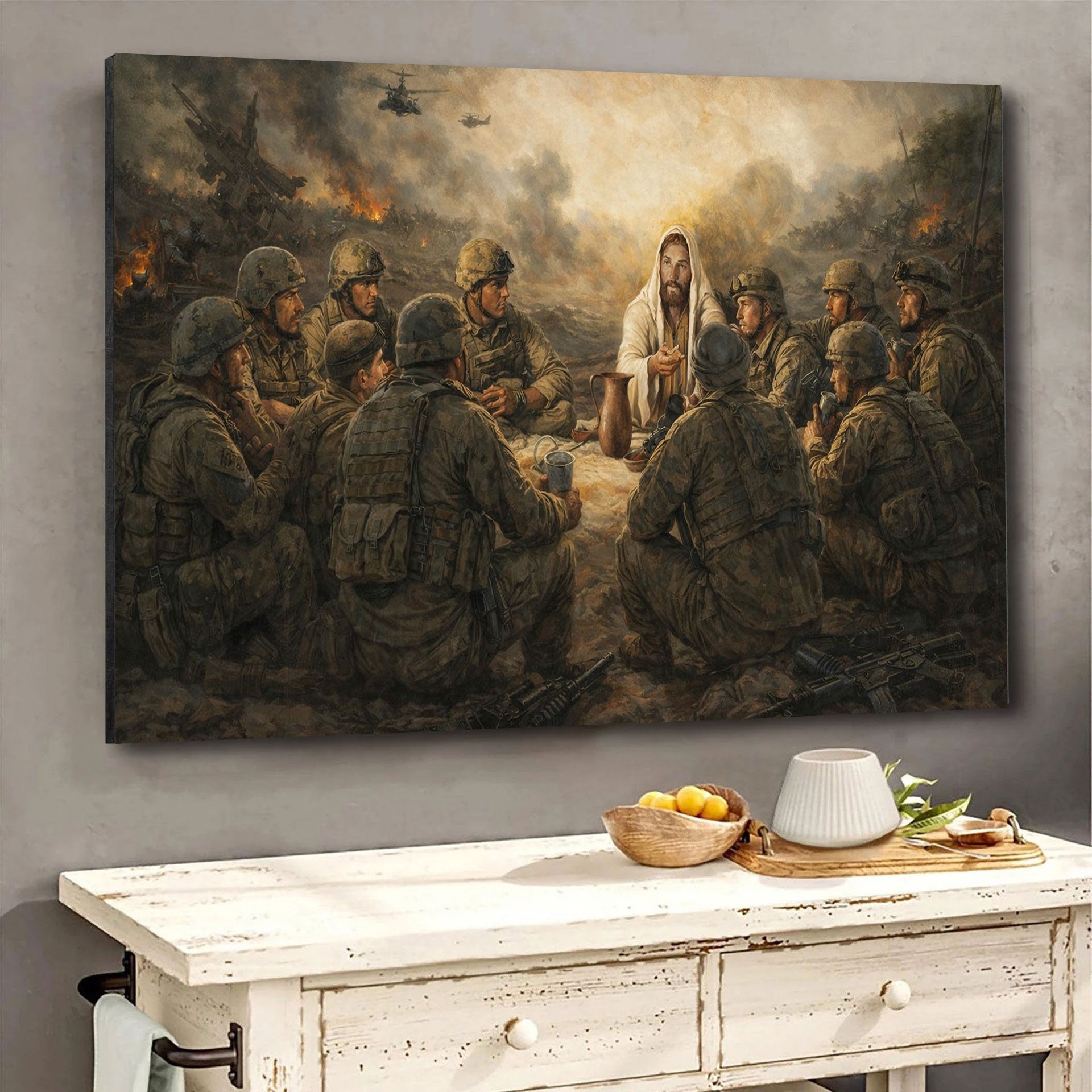 Jesus With Soldiers In Dinner Canvas Wall Art, Christian Canvas Faith Home Decor Veteran Gift Ideas