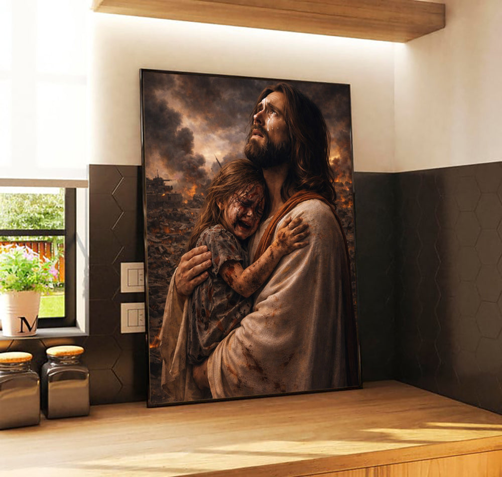 Jesus Holding a Baby in the Battlefield Canvas Jesus Canvas Wall Art, Christian Military Wall Art for Veterans, Faith Home Decor Gift