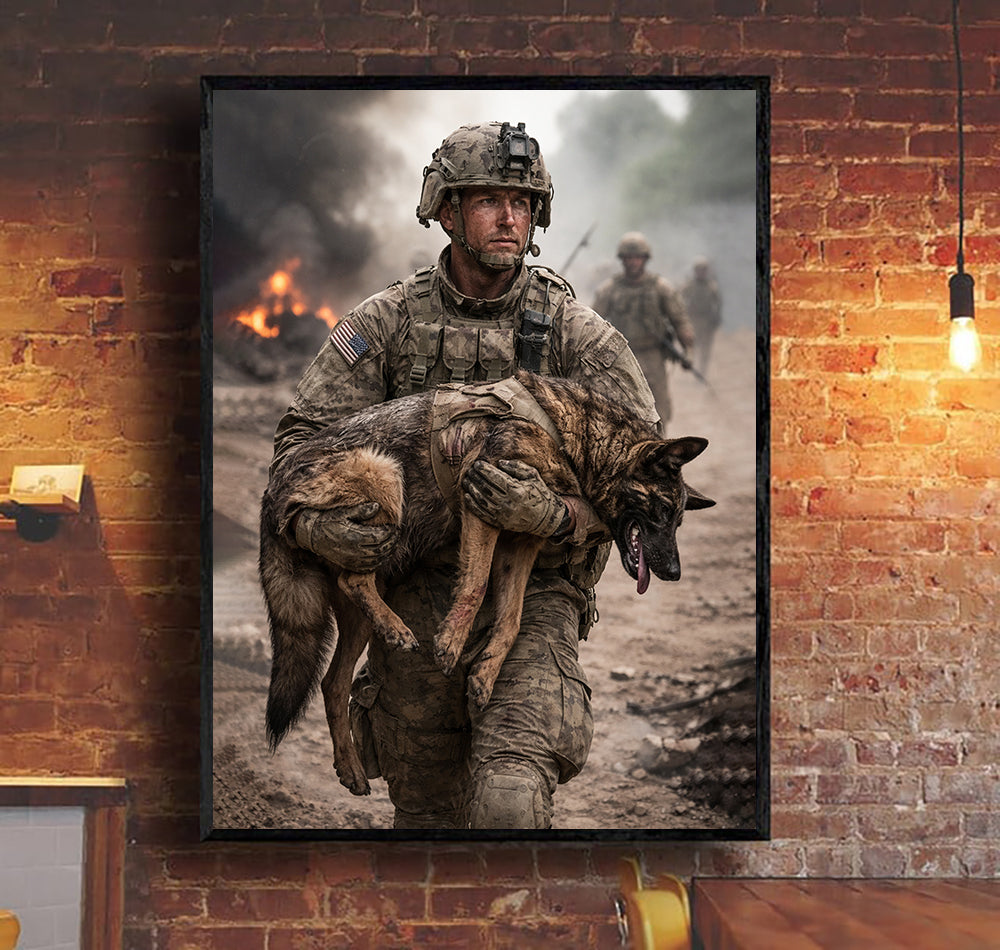 US Soldier Carrying Fallen Military Dog Canvas Wall Art, Patriotic Military Decor, Courage Strength Warrior Print, Veteran Canvas Gift, Home Artwork Decor