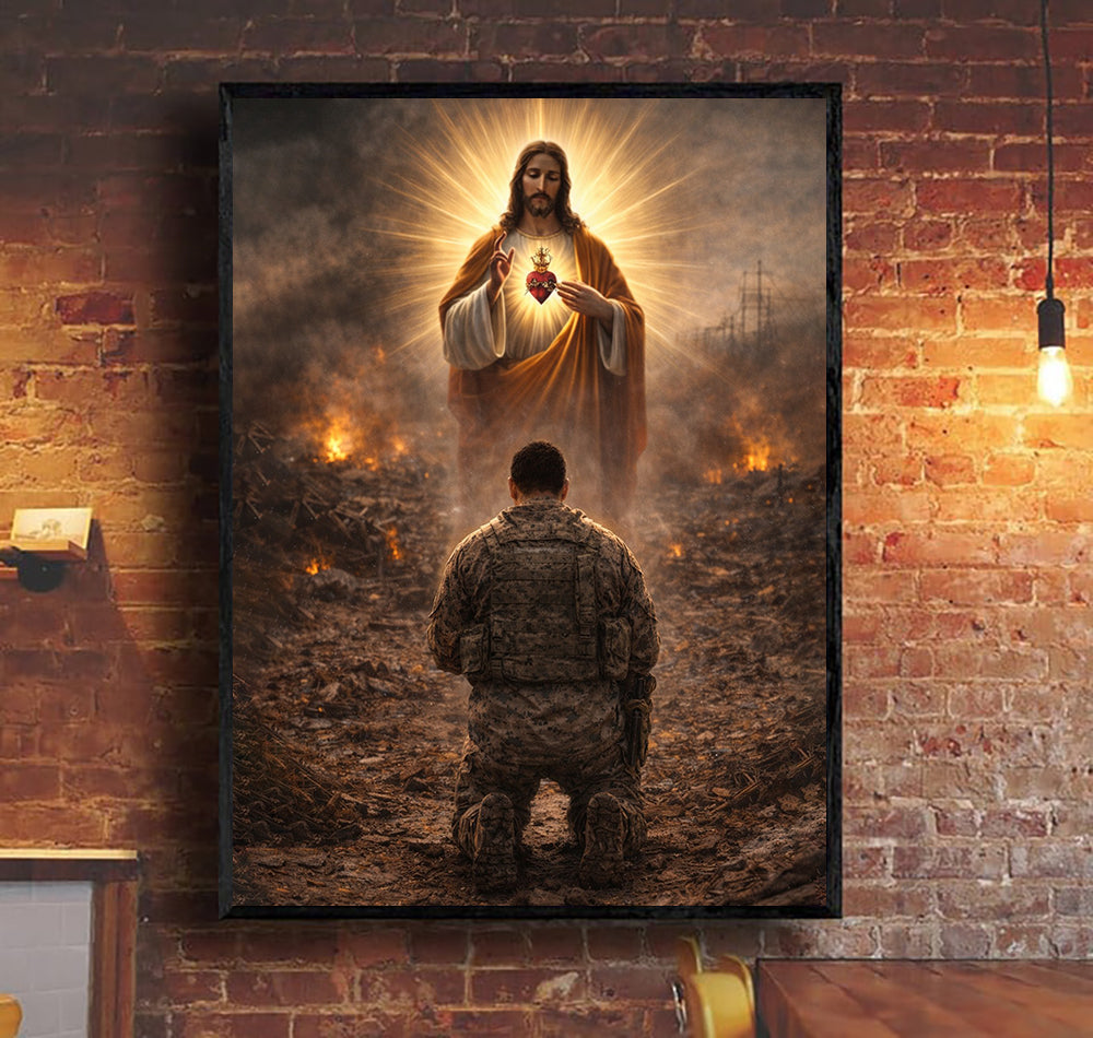 Sacred Heart in the Ashes – A Soldier’s Faith Canvas Wall Art, Christian Military Wall Art for Veterans, Faith Home Decor Gift Idea