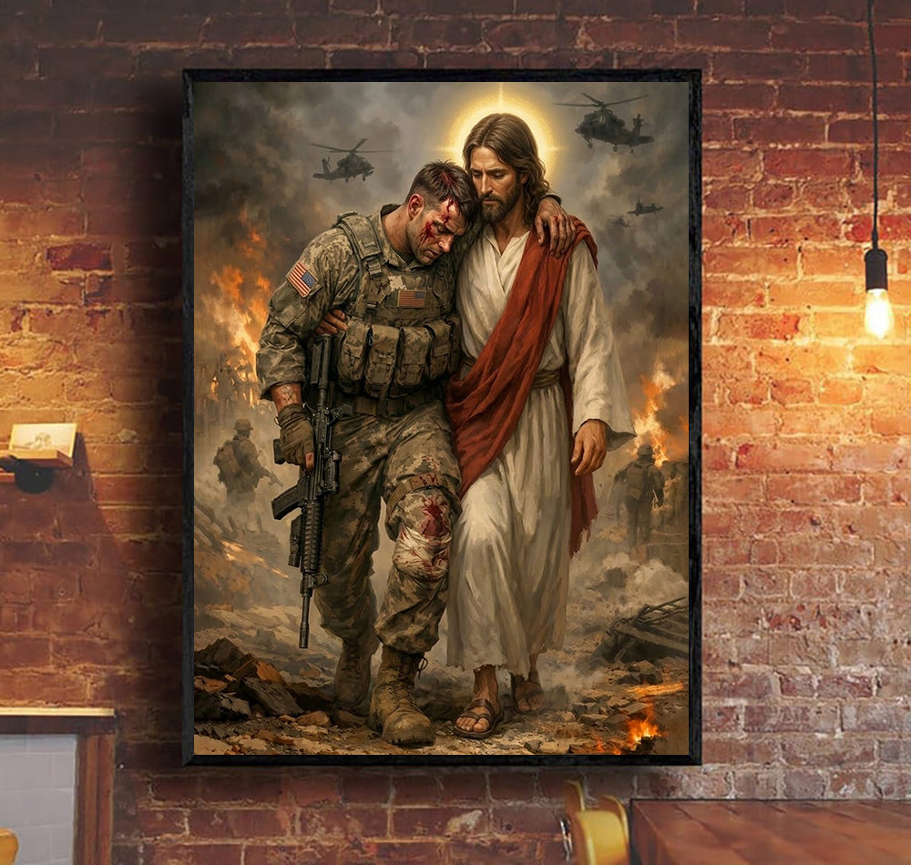 Jesus Help Soldier Walking Christian Faith Printed Canvas Wall Art Military Poster Religious Gift for Dad Father’s Day Christian Veteran Decor
