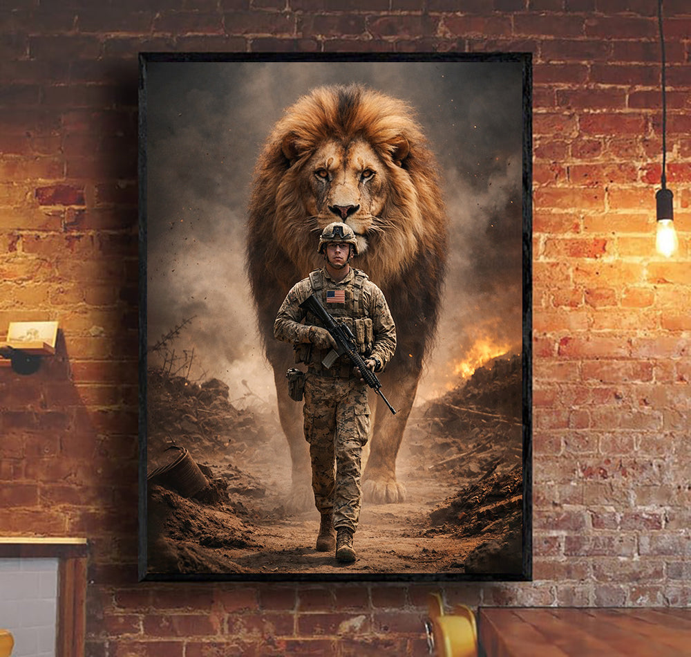 Soldier And Lion of Judah Canvas Jesus Canvas Wall Art, Christian Military Wall Art for Veterans, Faith Home Decor Gift