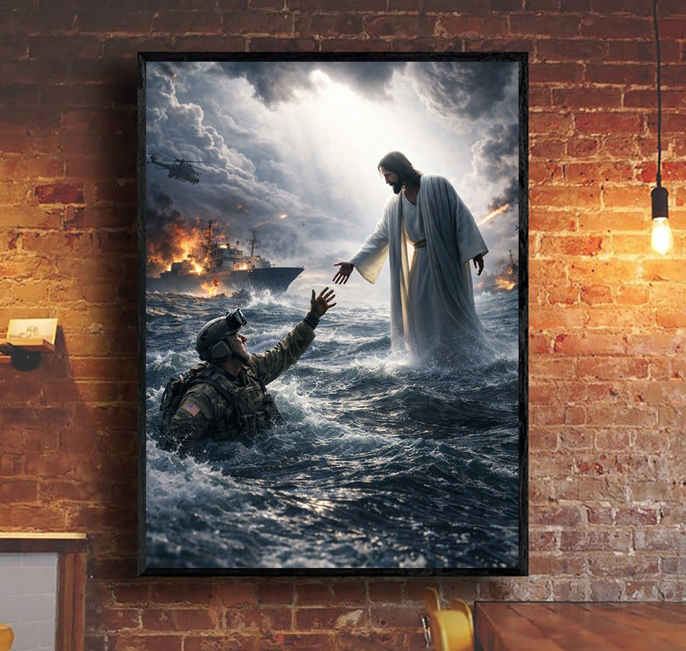 Saved by Faith Canvas Jesus With Soldier Canvas Wall Art, Christian Military Wall Art for Veterans, Faith Home Decor Gift Idea