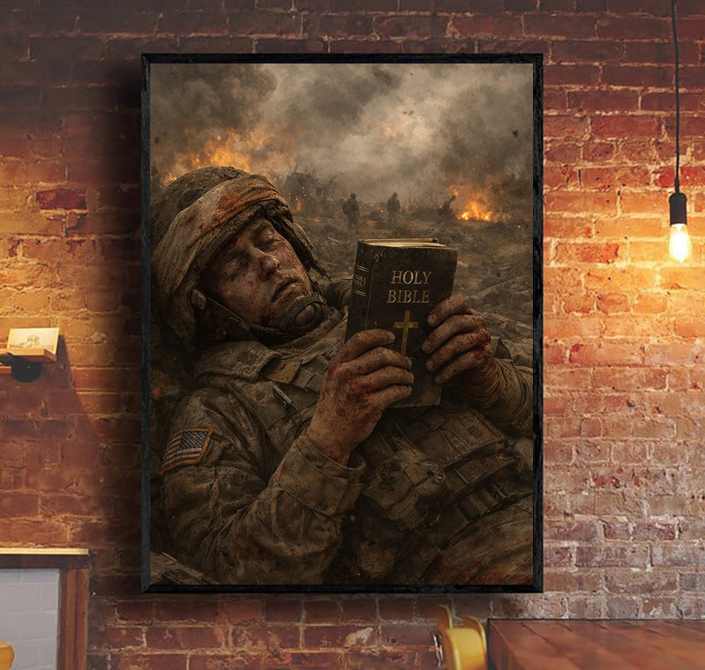 Injured Soldier Reading Bible Canvas Wall Art, Patriotic Military Decor, Courage Strength Warrior Print, Veteran Canvas Gift, Home Artwork Decor
