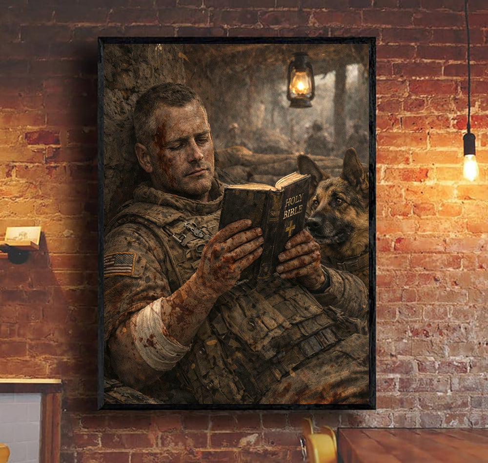 Soldier Holding Holy Bible Canvas Wall Art, Patriotic Military Decor, Courage Strength Warrior Print, Veteran Canvas Gift, Home Artwork Decor