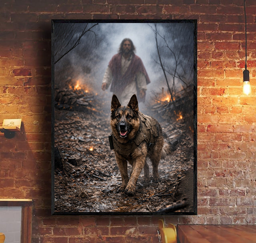 Faithful Guardian – Military Dog Canvas Jesus Canvas Wall Art, Christian Military Wall Art for Veterans, Faith Home Decor Gift Idea