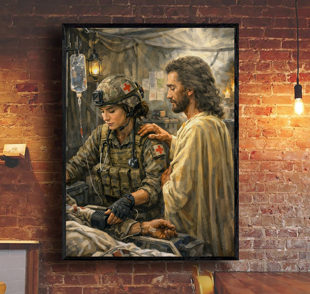 Jesus With Combat Medic Canvas Wall Art, Christian Military Wall Art for Veterans, Faith Home Decor Gift Idea