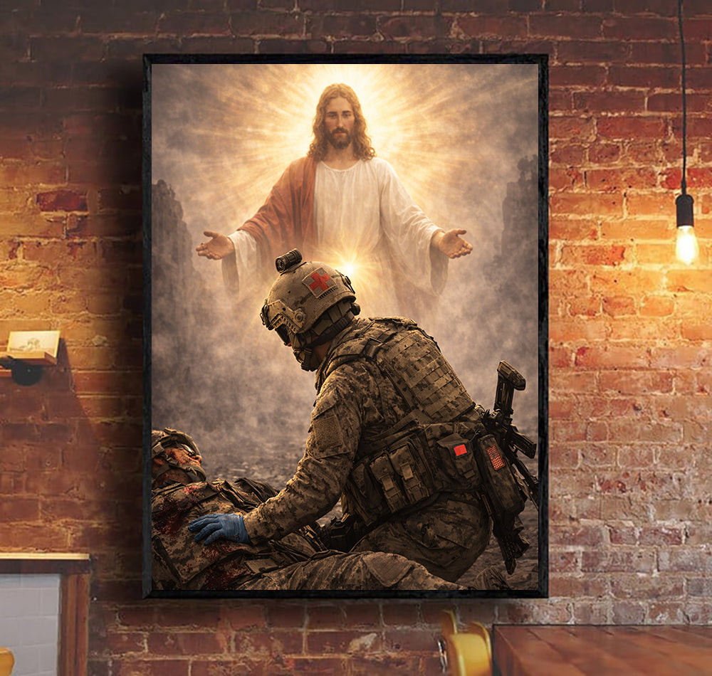 Faith in Battle – Jesus and Soldier Canvas Wall Art, Patriotic Military Decor, Courage Strength Warrior Print, Veteran Canvas Gift, Home Artwork Decor