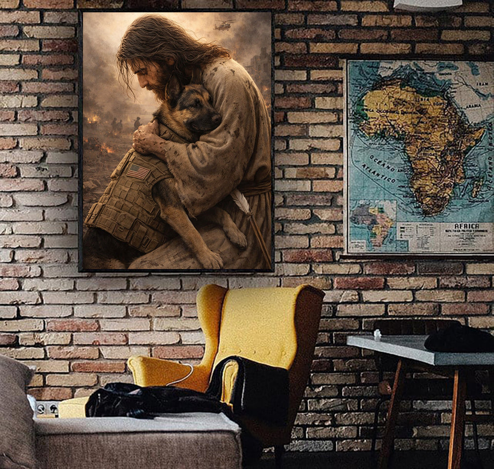 Soldier Hug Military Dog Canvas Jesus Canvas Wall Art, Christian Military Wall Art for Veterans, Faith Home Decor Gift