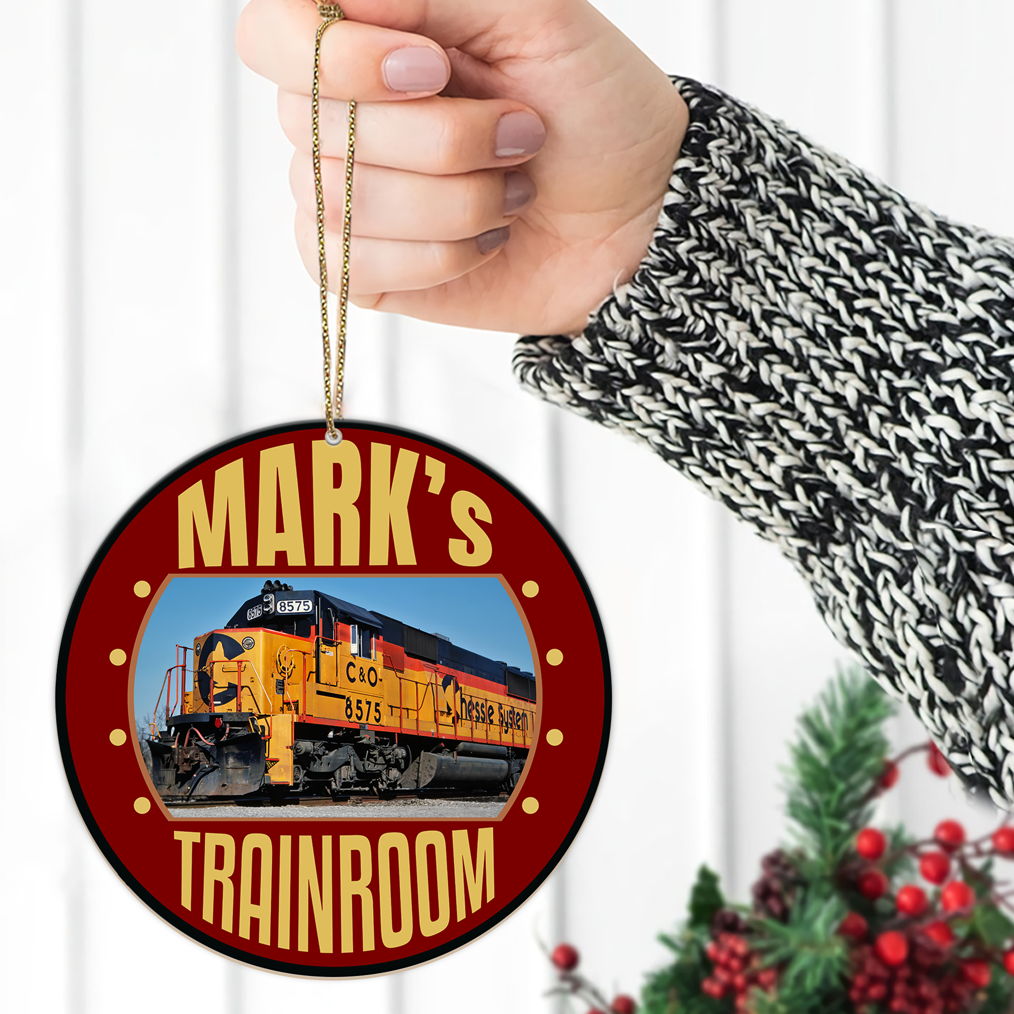 Custom Name TrainRoom Ornament, Vintage Train Logo Christmas Decoration Gift for Railway Lovers and Collectors