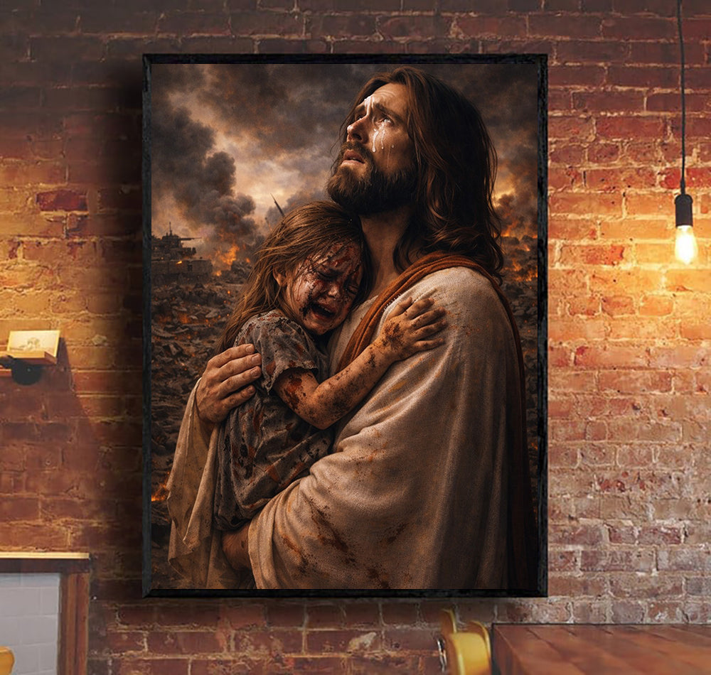 Jesus Holding a Baby in the Battlefield Canvas Jesus Canvas Wall Art, Christian Military Wall Art for Veterans, Faith Home Decor Gift