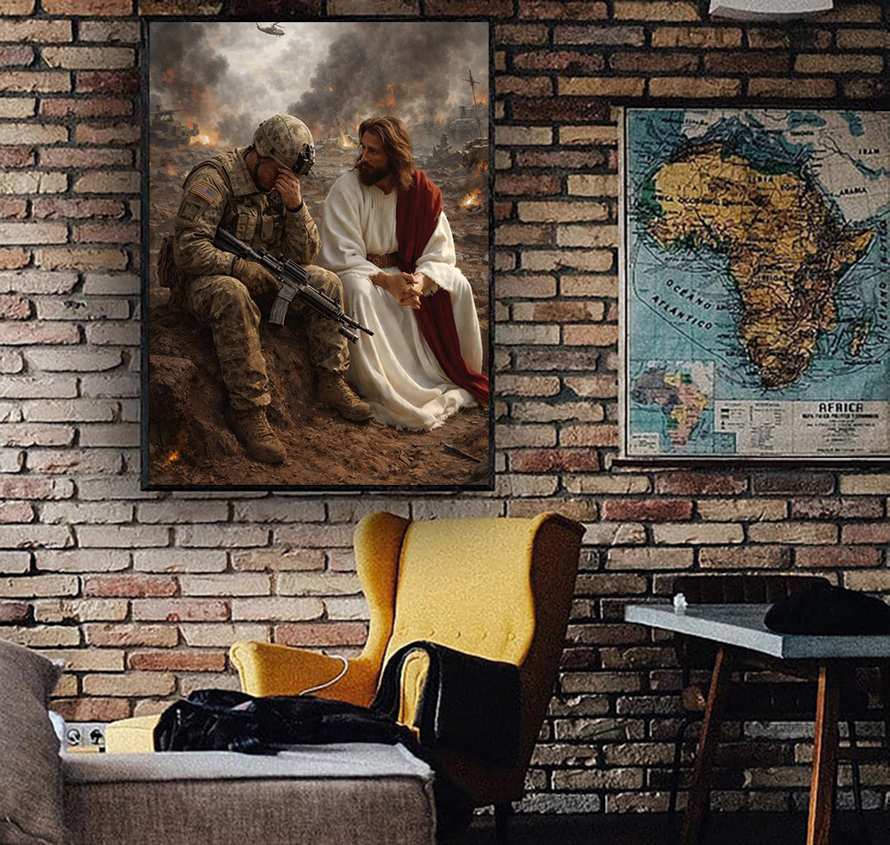 Jesus Beside Soldier Canvas Wall Art, Patriotic Military Decor, Courage Strength Warrior Print, Veteran Canvas Gift, Home Artwork Decor