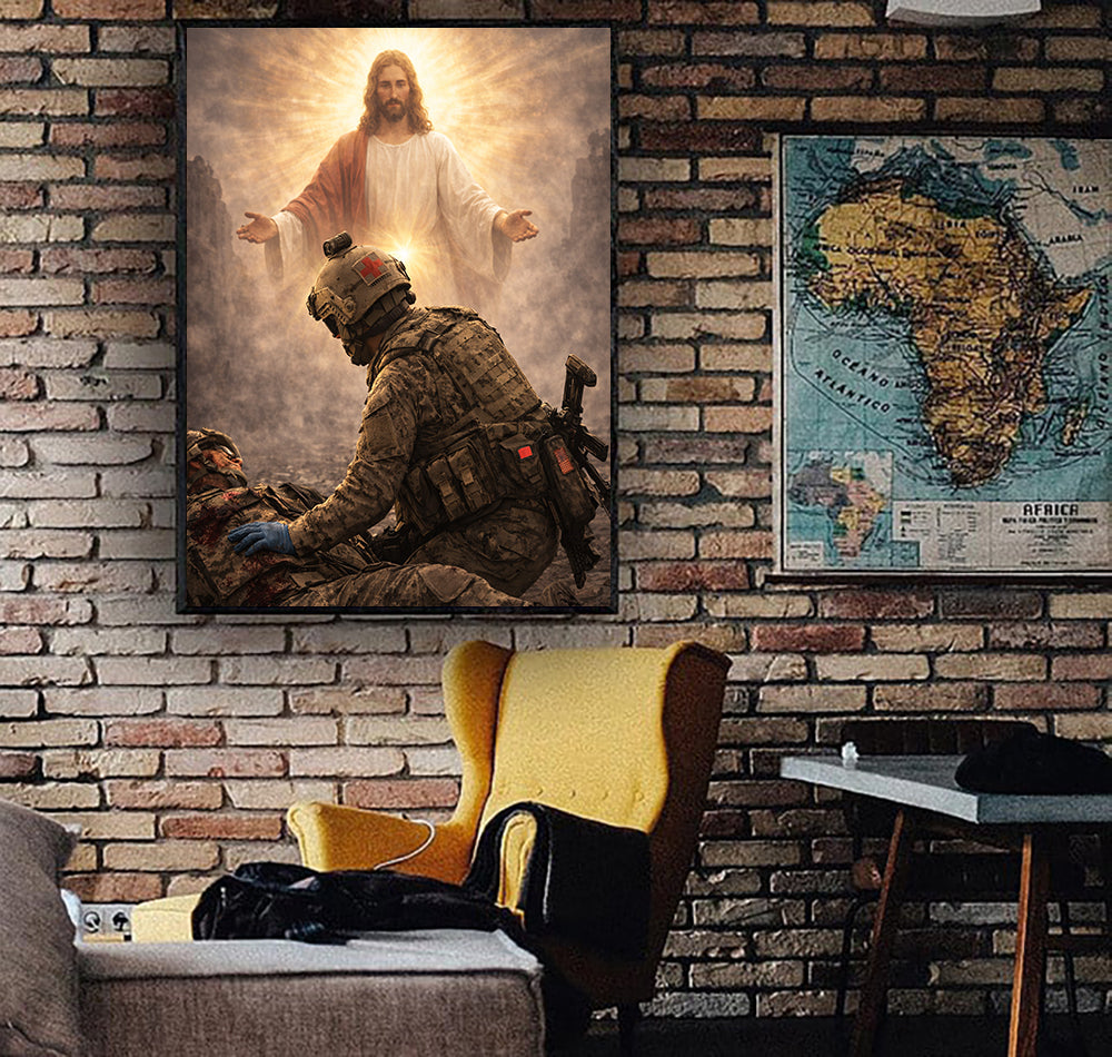 Faith in Battle – Jesus and Soldier Canvas Wall Art, Patriotic Military Decor, Courage Strength Warrior Print, Veteran Canvas Gift, Home Artwork Decor
