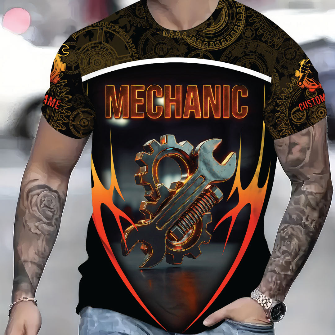 Personalized Gear And Wrench Mechanic Shirt, Custom Name Work Shirt For Auto Repair, Garage And Engineering Professionals