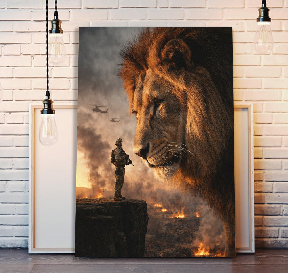 Soldier Stand In Front Of Lion of Judah Canvas Jesus Canvas Wall Art, Christian Military Wall Art for Veterans, Faith Home Decor Gift Idea