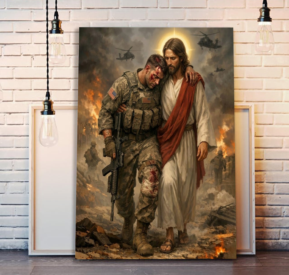 Jesus Help Soldier Walking Christian Faith Printed Canvas Wall Art Military Poster Religious Gift for Dad Father’s Day Christian Veteran Decor