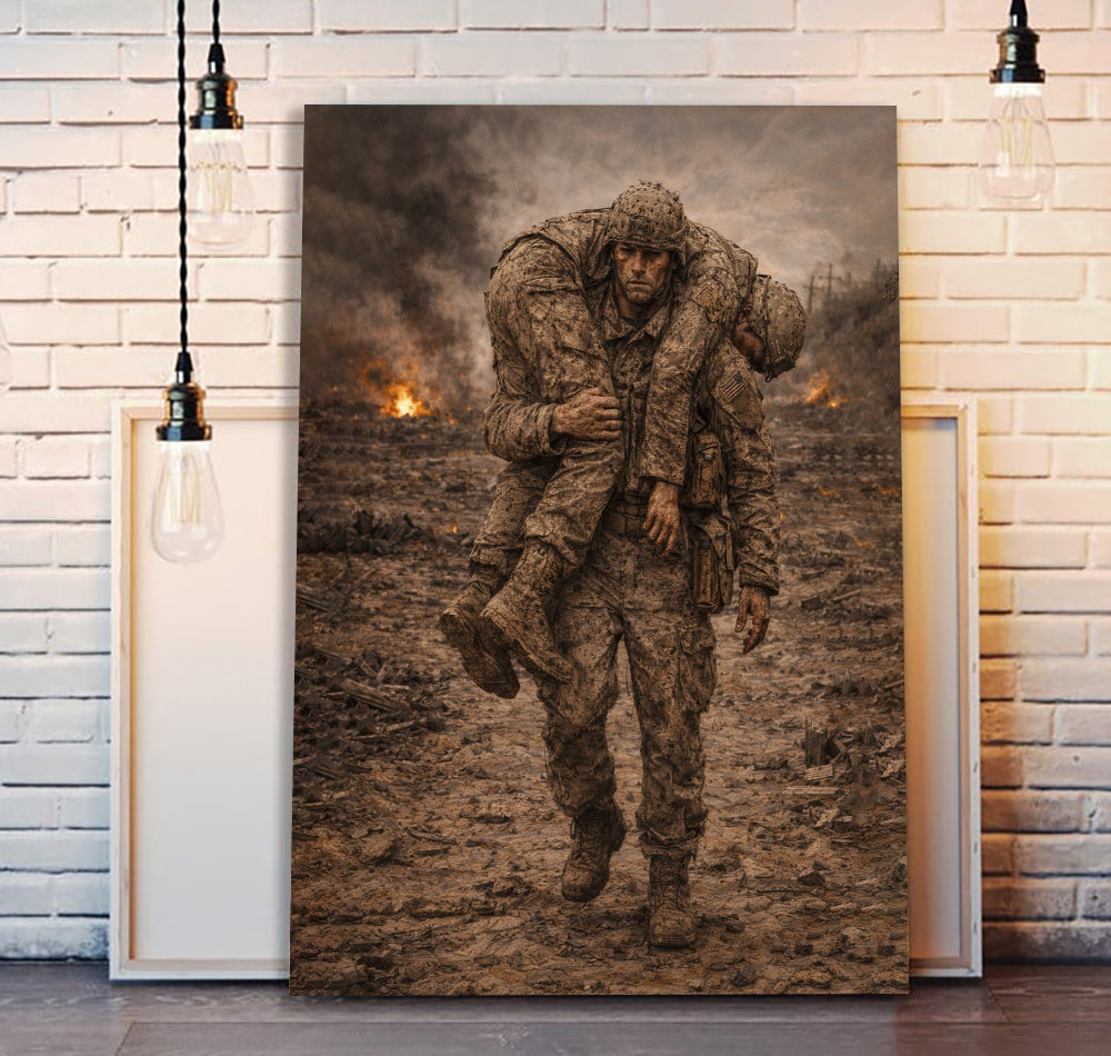 No One Left Behind – A Powerful War Photography Capturing Brotherhood Canvas Wall Art, Christian Military Wall Art for Veterans, Faith Home Decor Gift Idea