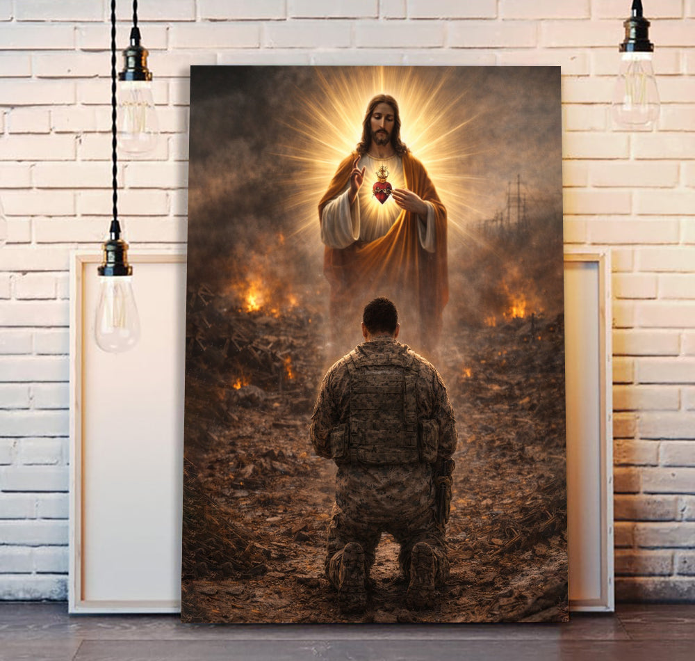 Sacred Heart in the Ashes – A Soldier’s Faith Canvas Wall Art, Christian Military Wall Art for Veterans, Faith Home Decor Gift Idea