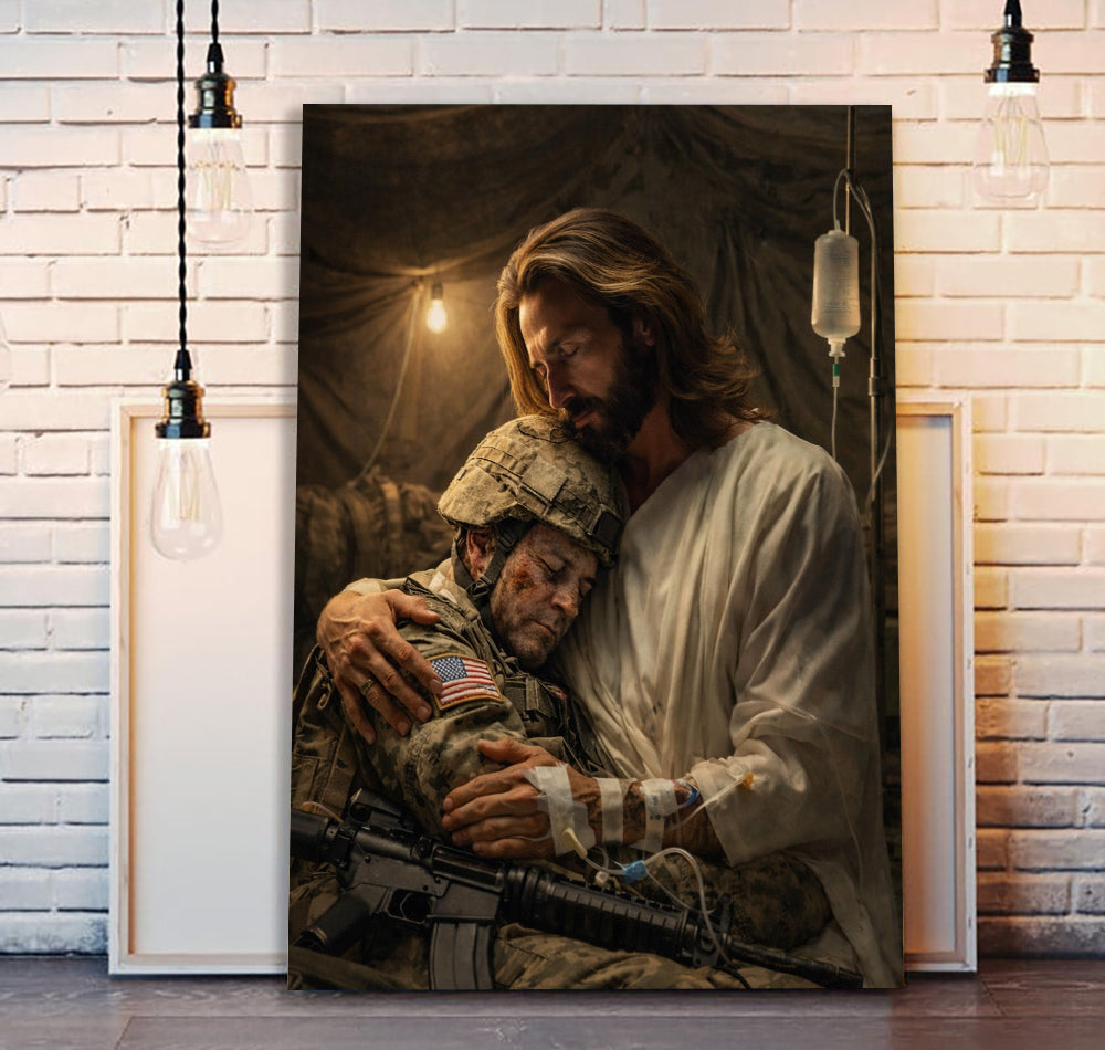 Jesus Holding a Soldier Canvas Wall Art, Christian Military Wall Art for Veterans, Faith Home Decor Gift