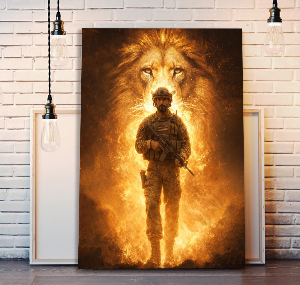 Lion of Judah Behind Soldier Canvas Jesus Canvas Wall Art, Christian Military Wall Art for Veterans, Faith Home Decor Gift