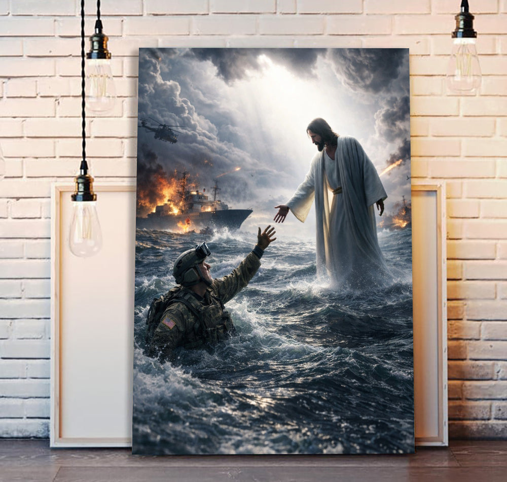 Saved by Faith Canvas Jesus With Soldier Canvas Wall Art, Christian Military Wall Art for Veterans, Faith Home Decor Gift Idea