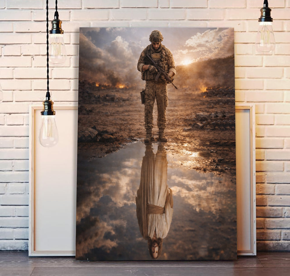Soldier Reflection Jesus Canvas Soldier Canvas Wall Art, Christian Military Wall Art for Veterans, Faith Home Decor Gift Idea