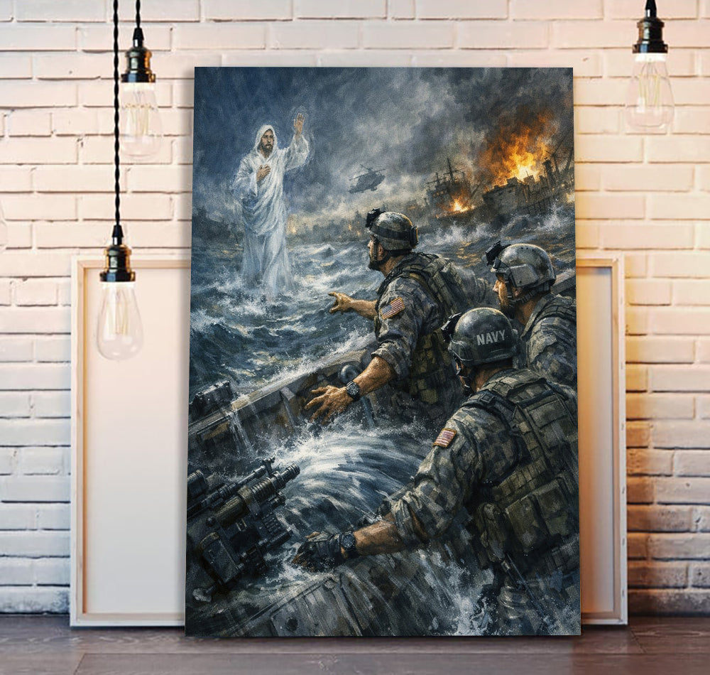 Faith in the Storm Canvas Jesus With Soldier Canvas Wall Art, Christian Military Wall Art for Veterans, Faith Home Decor Gift Idea