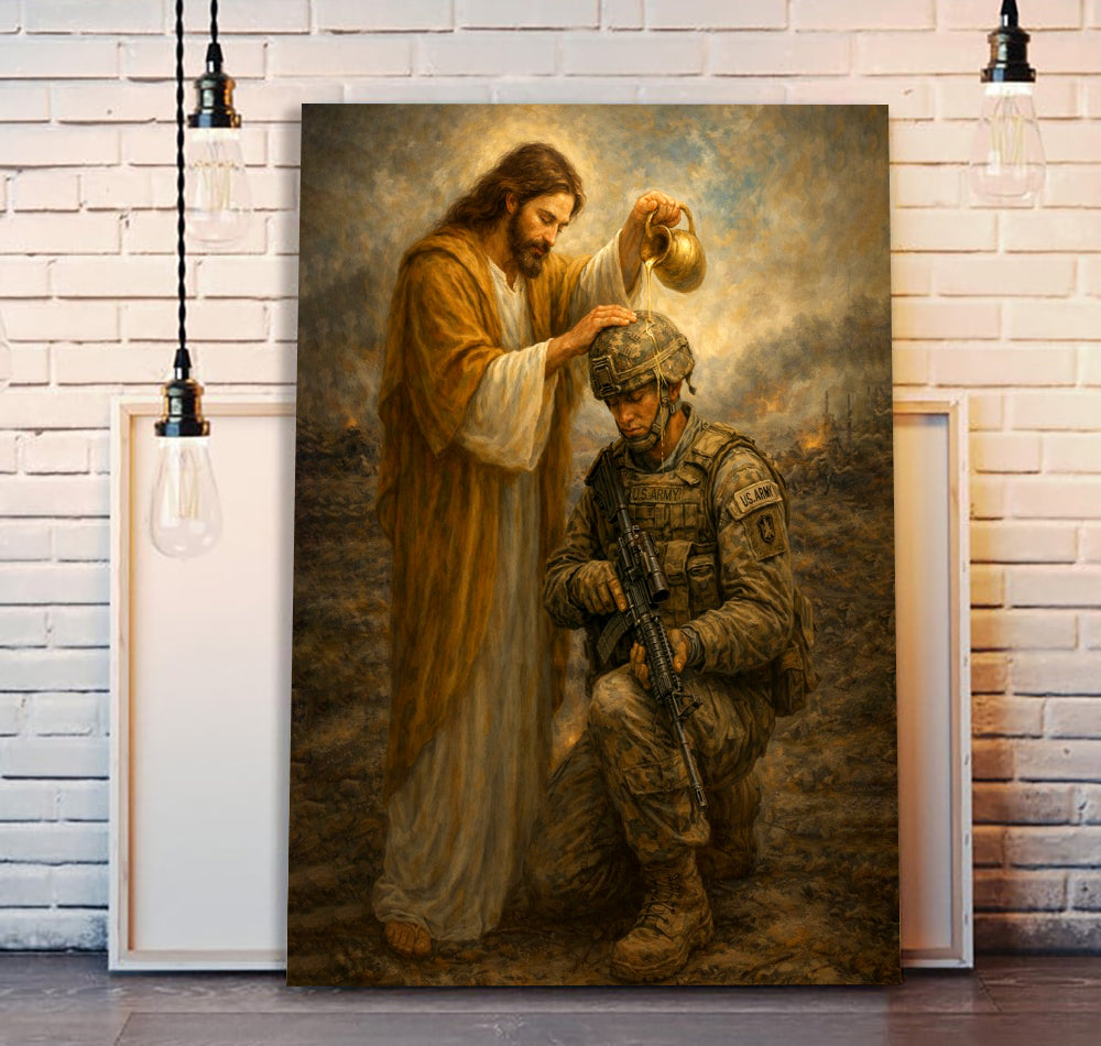 Jesus Anointed in War Soldier Canvas Wall Art, Christian Canvas Faith Home Decor Veteran Gift Ideas