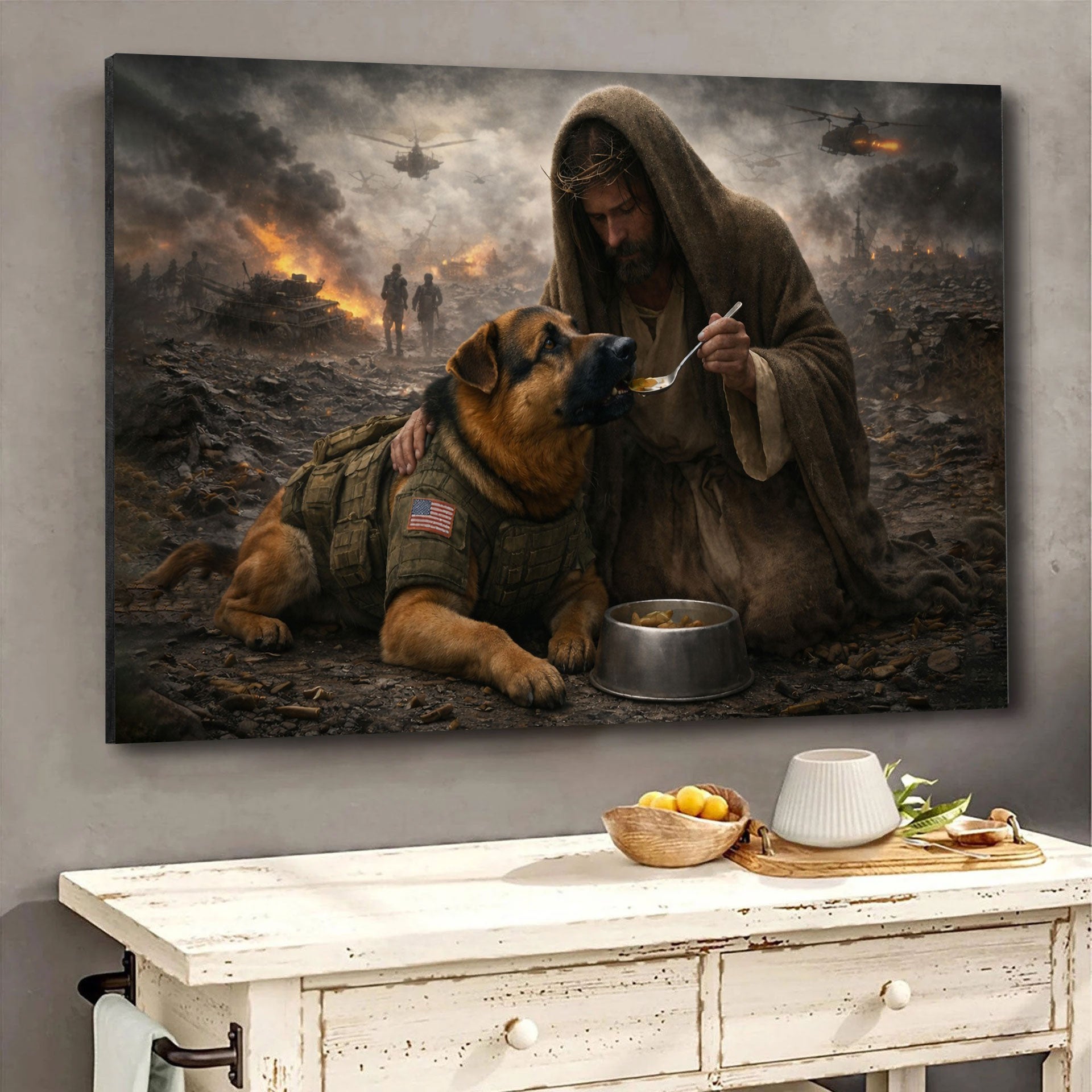 Jesus Feeds the Military Dog Canvas Wall Art, Christian Military Wall Art for Veterans, Faith Home Decor Gift
