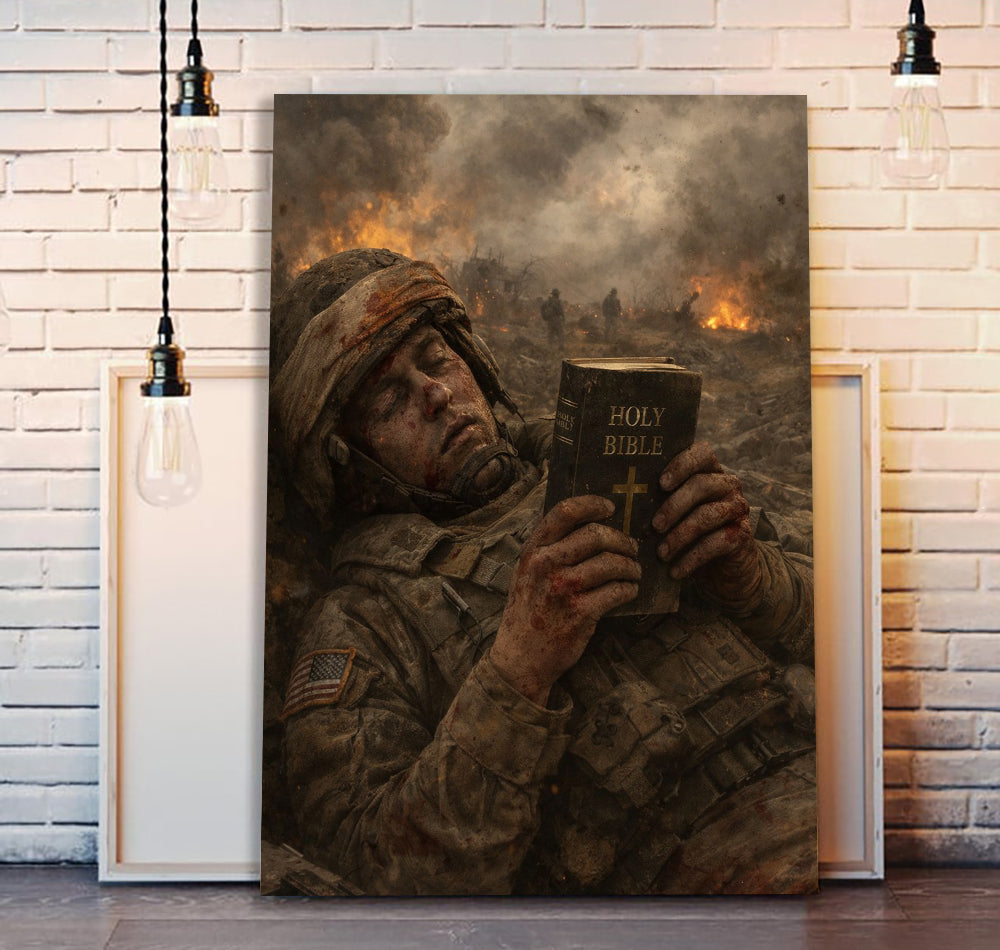 Injured Soldier Reading Bible Canvas Wall Art, Patriotic Military Decor, Courage Strength Warrior Print, Veteran Canvas Gift, Home Artwork Decor