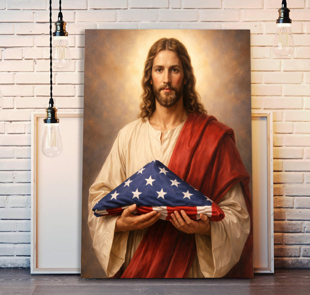 Jesus Holding US Folded Flag Canvas Wall Art, Christian Military Canvas for Veterans & Faith Home Decor Gift For Veteran